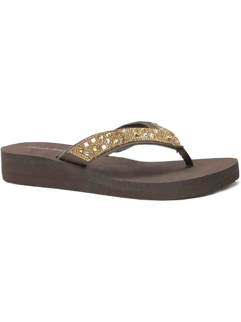 Women's Bubbly Brown Rhinestone Sandals High Low Platform T-Strap Flip Flops